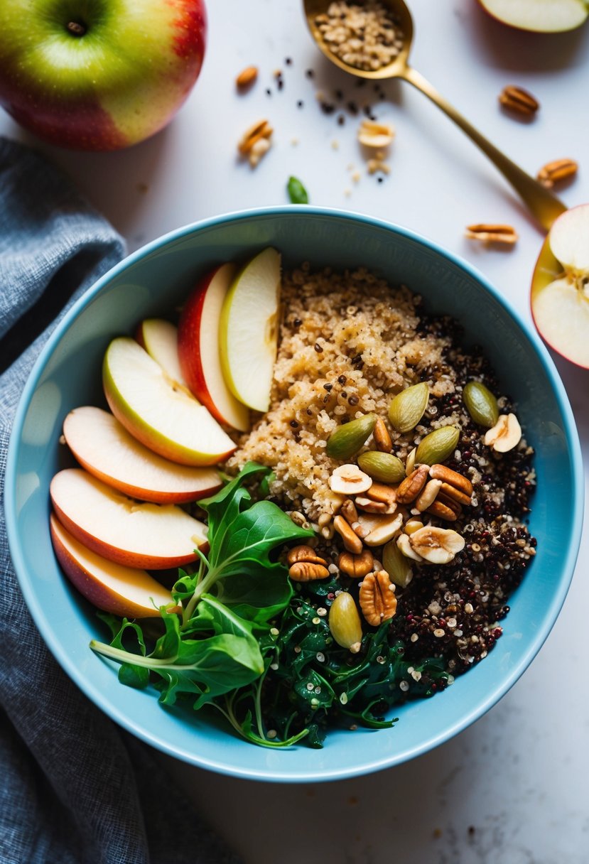 A colorful bowl filled with sliced apples, cooked quinoa, mixed greens, and a sprinkling of nuts and seeds