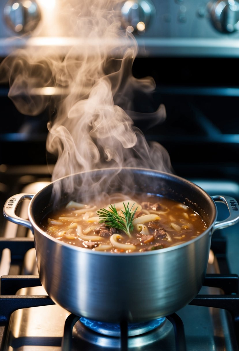 A pot of French onion soup simmers on a stovetop, steam rising as onions caramelize and beef broth infuses with rich flavor