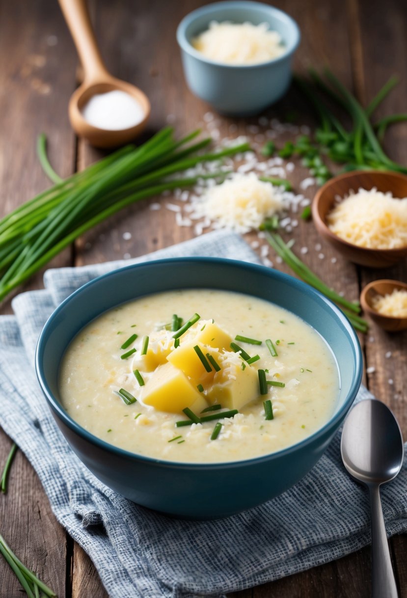 A steaming bowl of creamy potato soup topped with chives sits on a rustic wooden table, surrounded by a sprinkle of cheese and a scattering of fresh ingredients