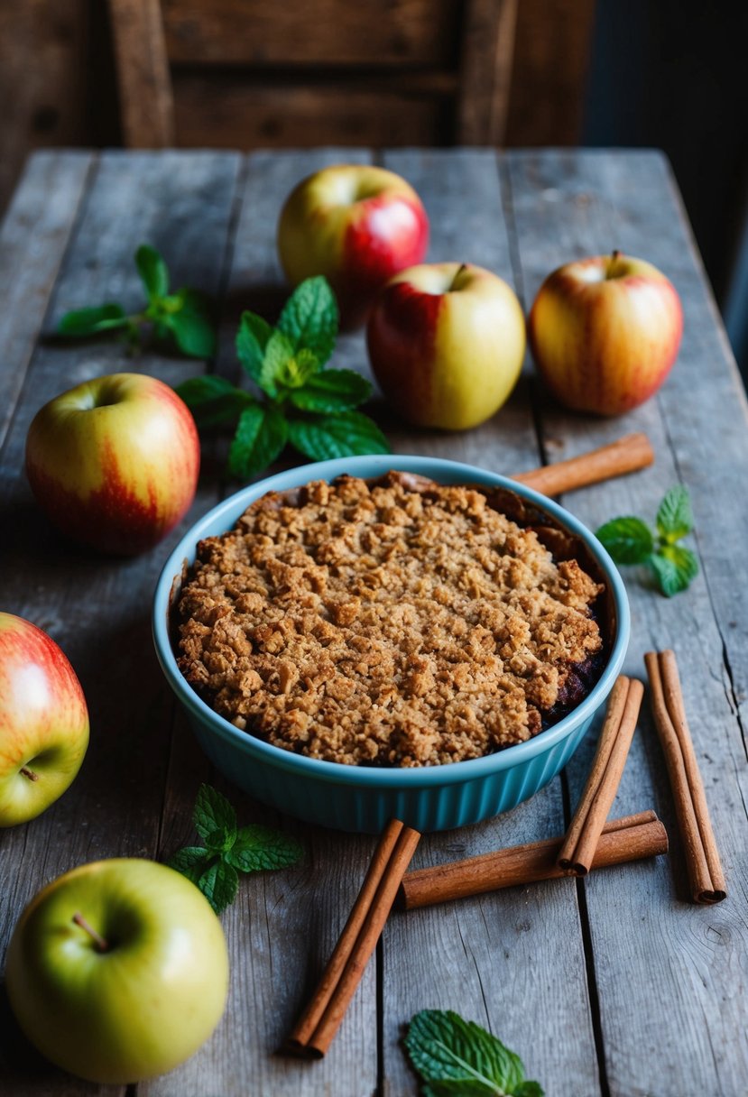 A rustic kitchen table with a freshly baked vegan apple crisp surrounded by whole apples, cinnamon sticks, and a sprig of fresh mint