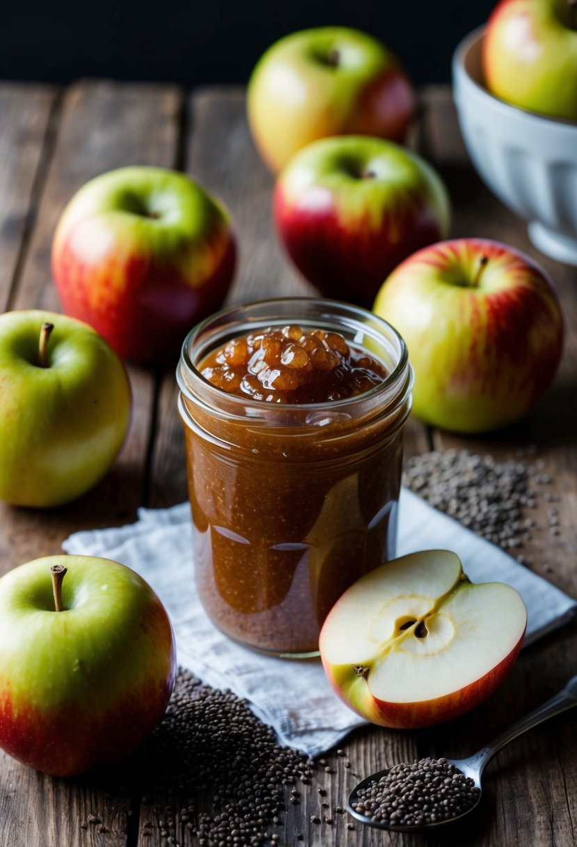 A jar of homemade apple chia seed jam surrounded by fresh apples and chia seeds on a rustic wooden table