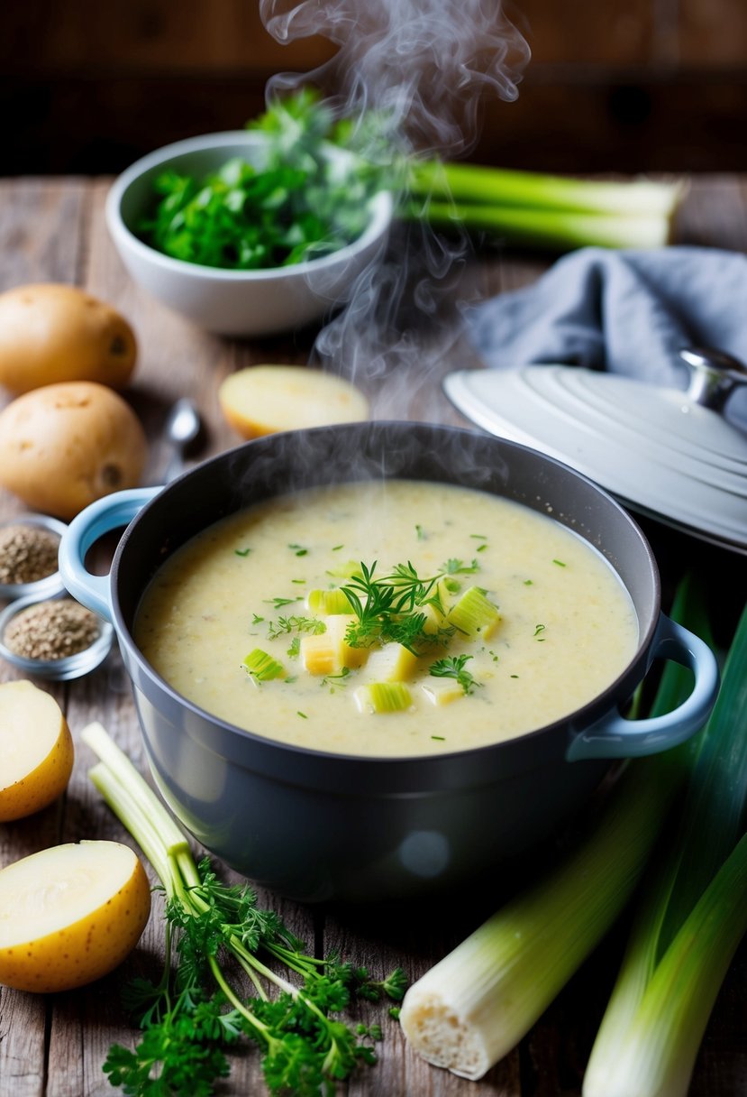 A rustic kitchen with a steaming pot of creamy potato and leek soup, surrounded by fresh ingredients like potatoes, leeks, and herbs