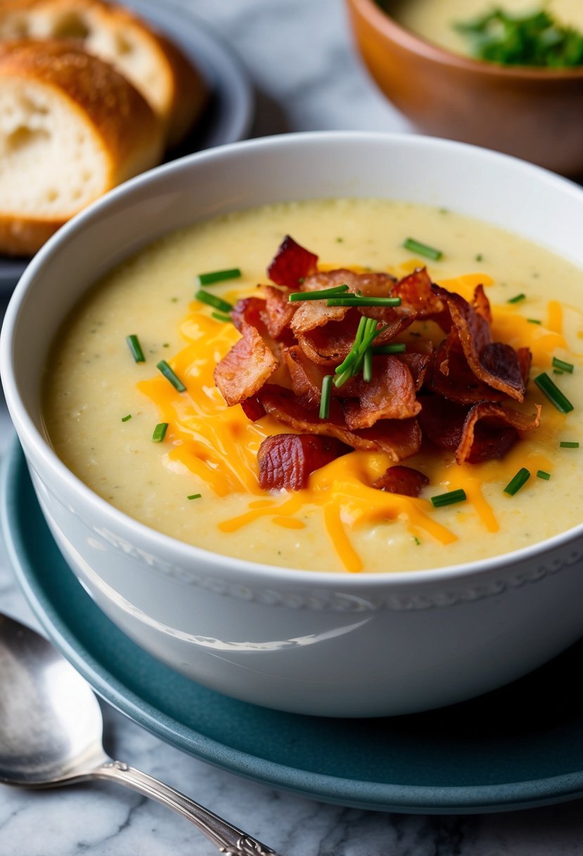 A steaming bowl of loaded baked potato soup topped with crispy bacon, cheddar cheese, and chives, served with a side of warm, crusty bread