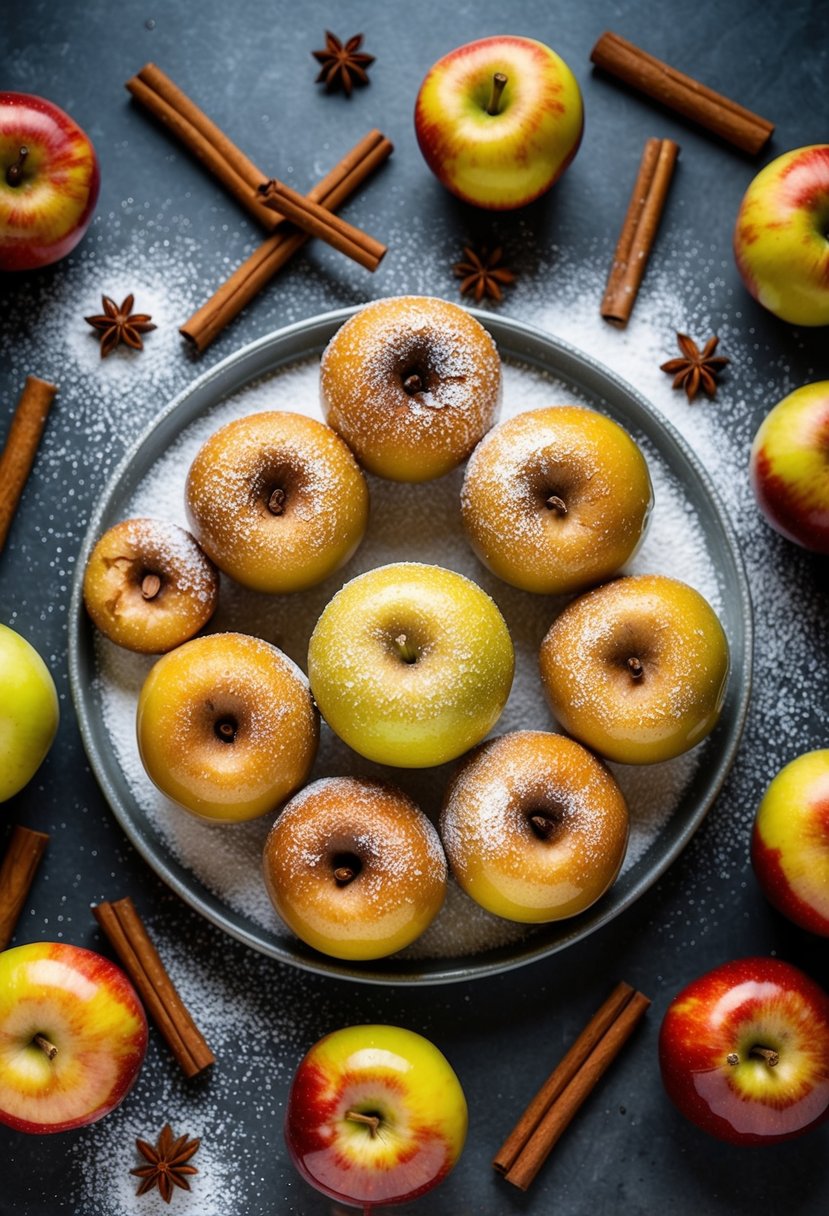 A tray of golden brown baked apples surrounded by scattered cinnamon sticks and a dusting of powdered sugar