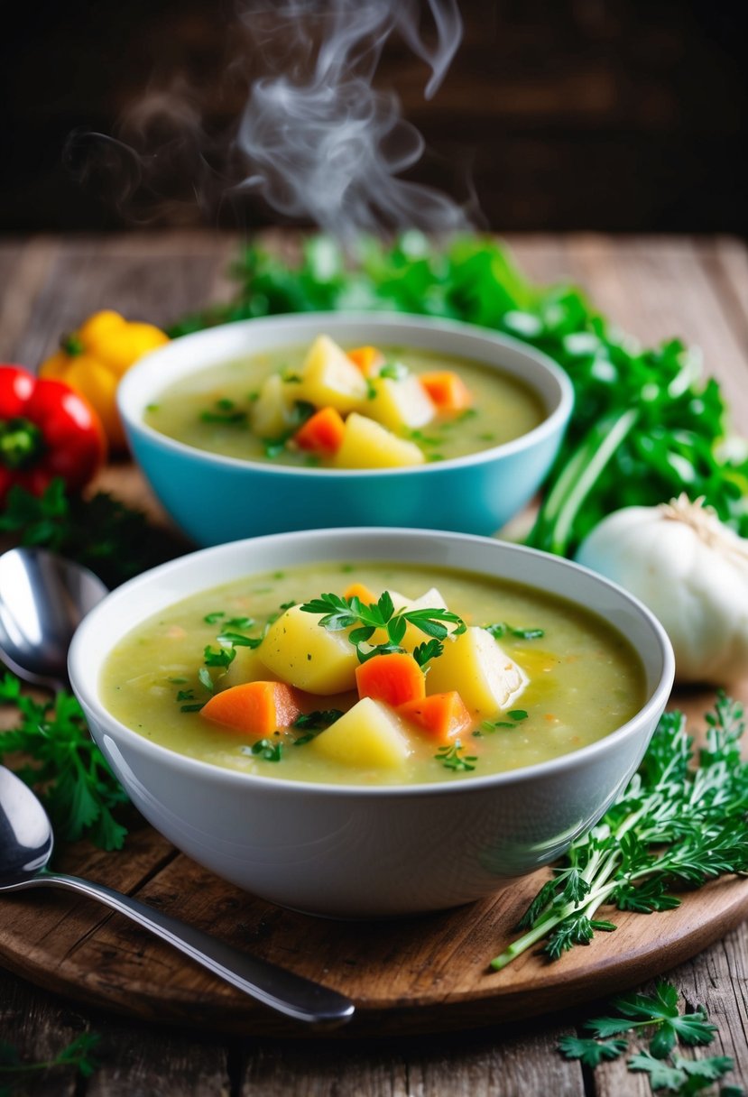 A steaming bowl of potato soup surrounded by colorful vegetables and herbs on a rustic wooden table