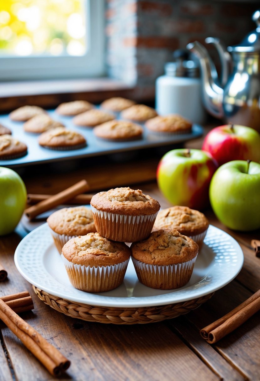 A rustic kitchen with a wooden table holding a plate of gluten-free apple muffins, surrounded by fresh apples and cinnamon sticks