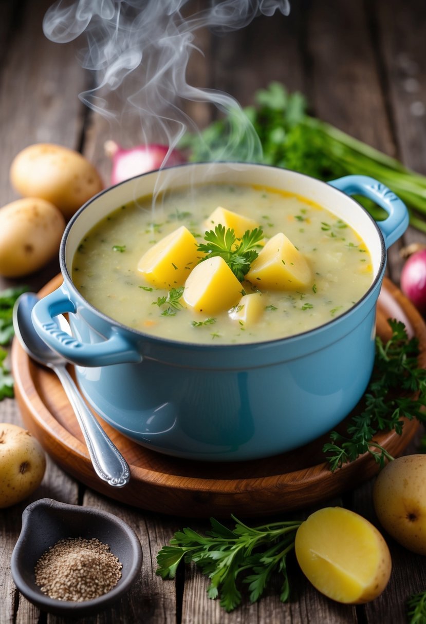 A steaming pot of old-fashioned potato soup sits on a rustic wooden table, surrounded by fresh ingredients like potatoes, onions, and herbs