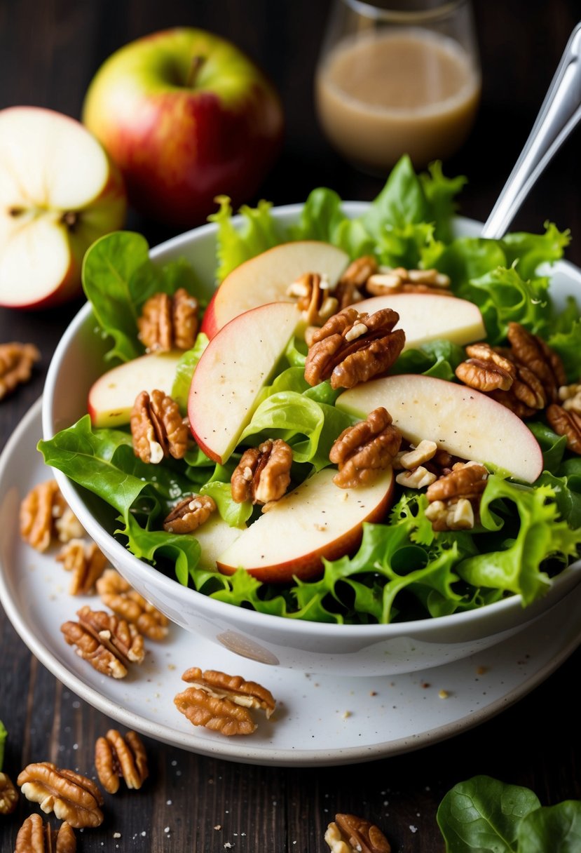 A vibrant bowl of apple and walnut salad, with fresh green lettuce, crisp red apples, and scattered walnuts, all drizzled with a light vinaigrette