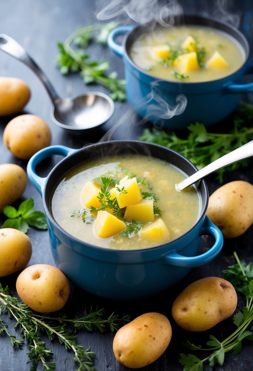 A steaming pot of gluten-free potato soup surrounded by fresh potatoes, herbs, and a ladle