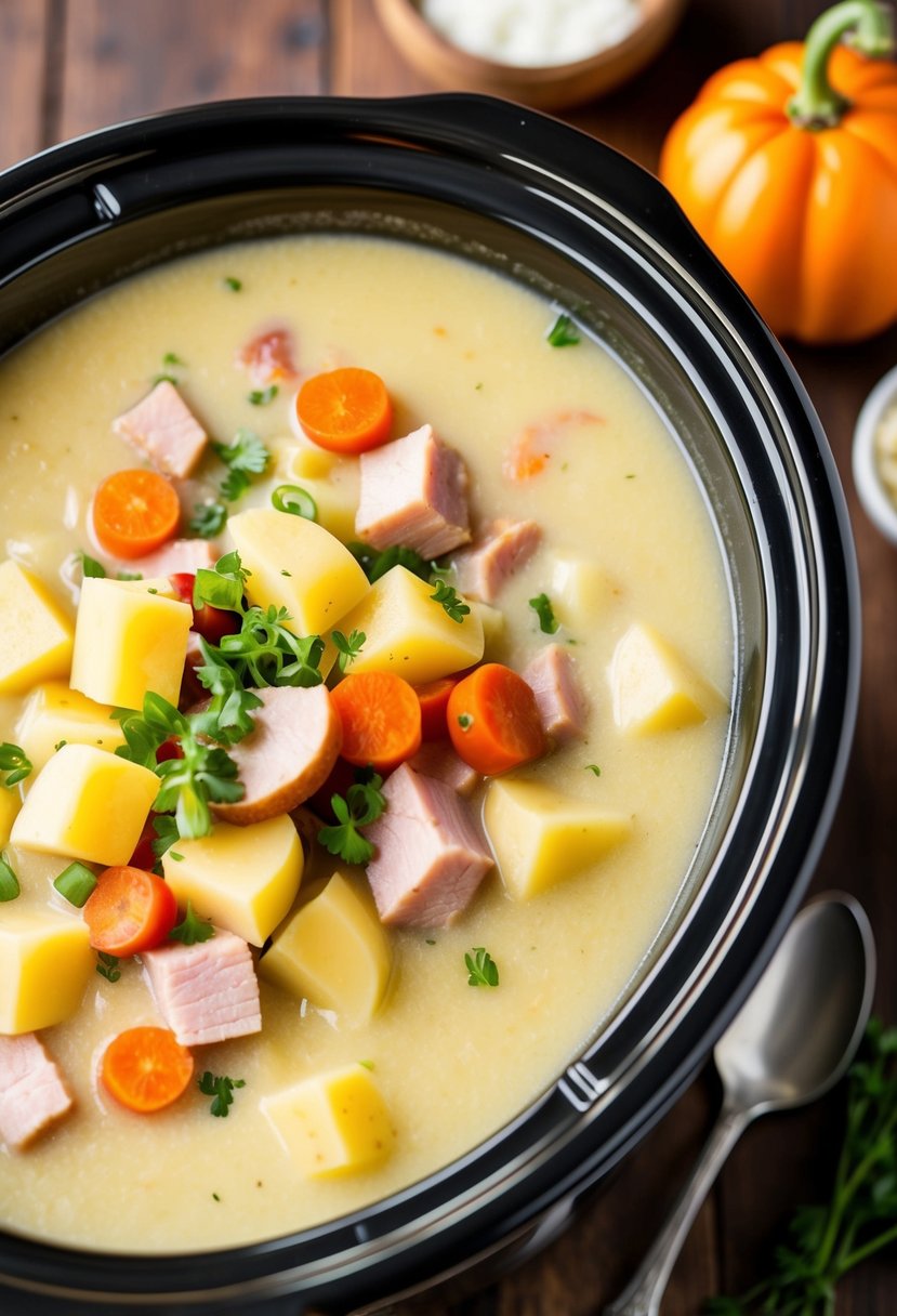 A bubbling slow cooker filled with creamy potato soup, chunks of tender ham, and colorful vegetables