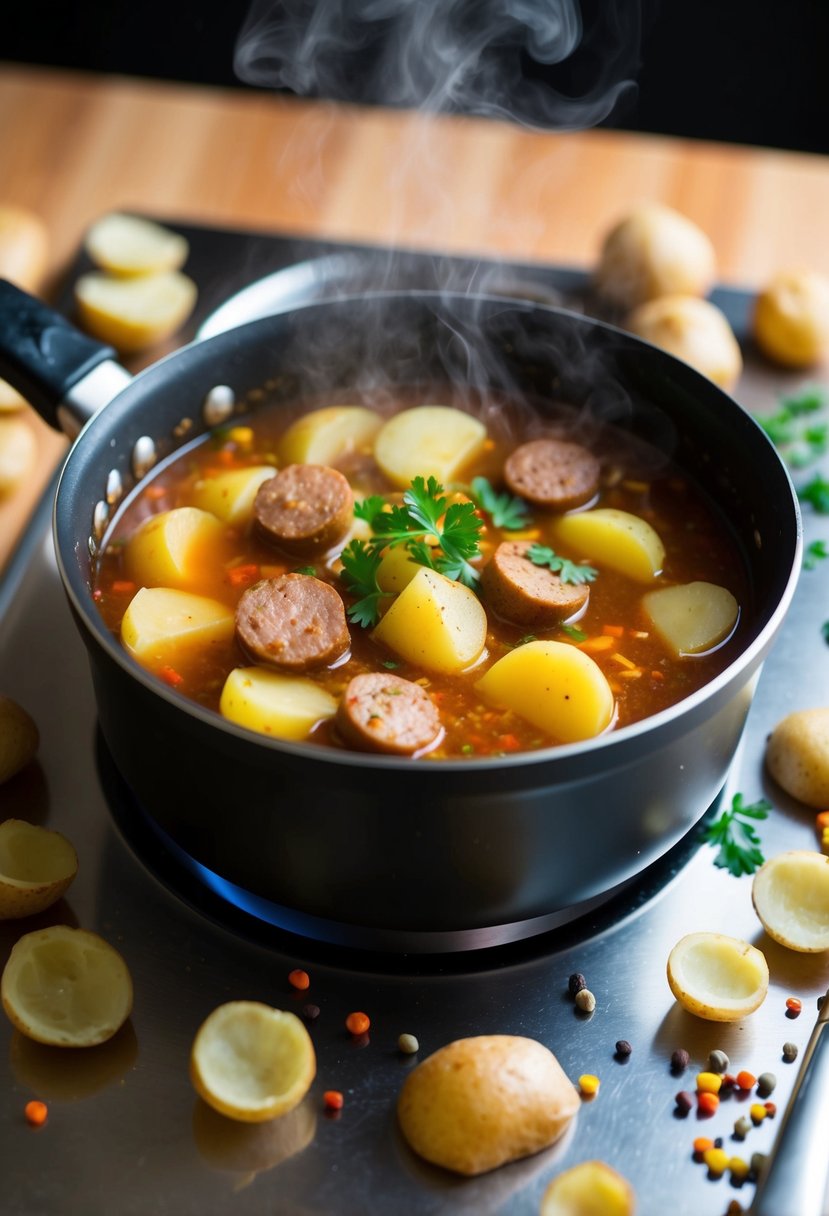 A steaming pot of spicy potato and sausage soup simmers on a stovetop, surrounded by scattered potato peelings and a variety of colorful spices