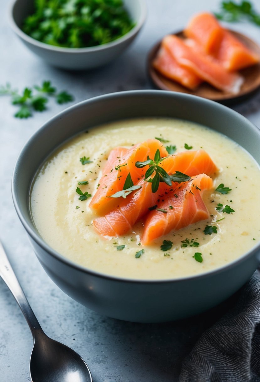 A steaming bowl of creamy potato soup topped with delicate slices of smoked salmon, garnished with a sprinkle of fresh herbs