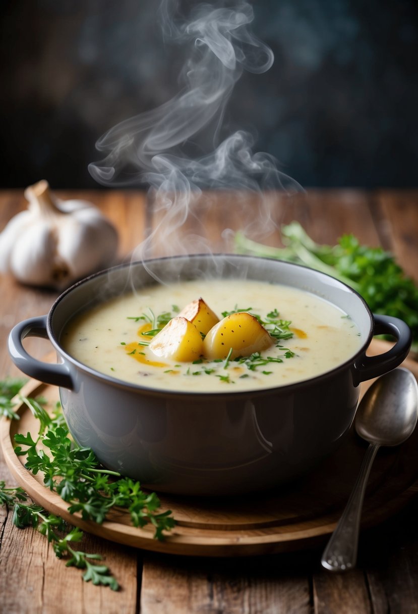 A steaming pot of creamy potato soup with roasted garlic, garnished with fresh herbs in a rustic kitchen setting