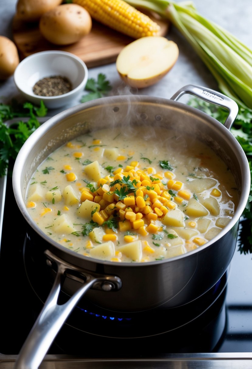 A steaming pot of potato and corn chowder simmers on the stove, surrounded by fresh ingredients like potatoes, corn, and herbs