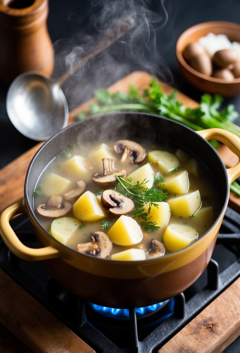 A steaming pot of savory potato and mushroom soup simmers on a rustic wooden stove, surrounded by fresh ingredients and a ladle