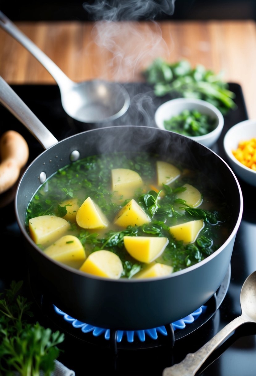 A steaming pot of herbed potato and spinach soup simmers on a stovetop, surrounded by fresh ingredients and a rustic ladle