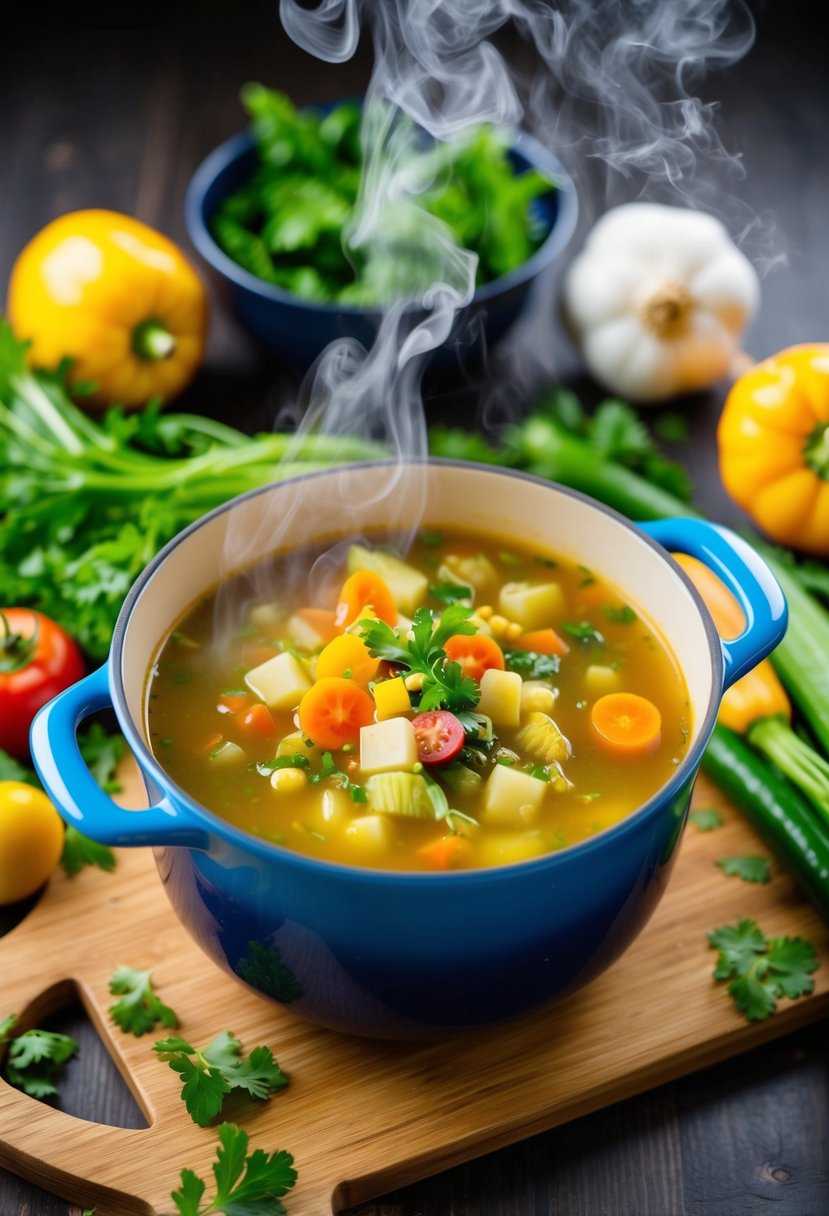 A steaming pot of vegetable soup surrounded by colorful fresh ingredients on a wooden cutting board