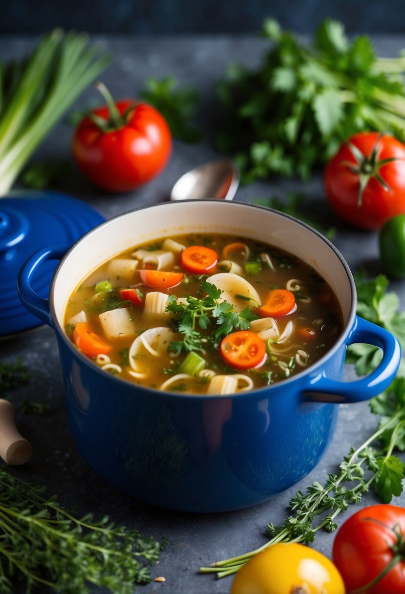 A bubbling pot of classic Italian Minestrone soup surrounded by fresh vegetables and herbs