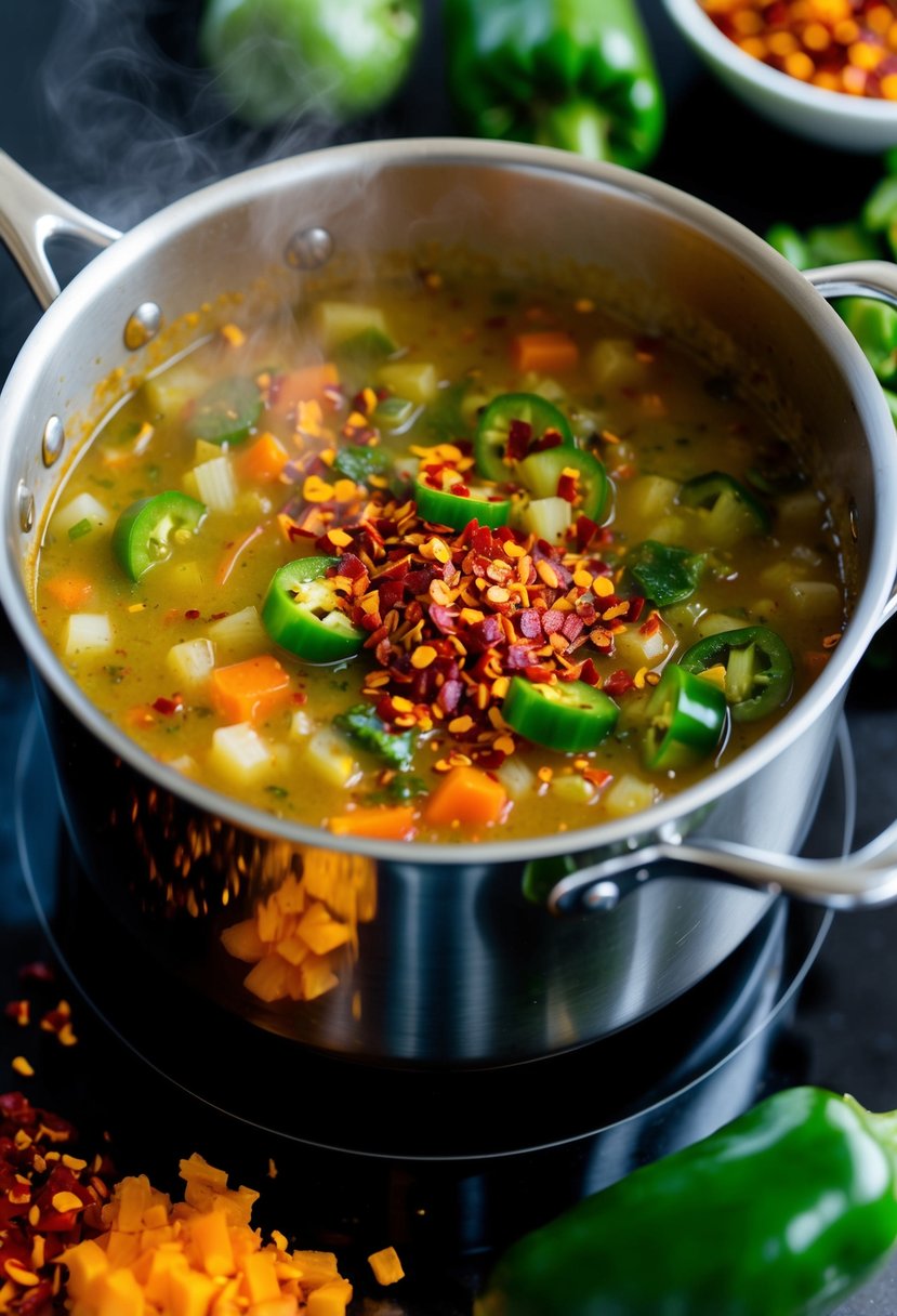 A steaming pot of spicy jalapeño vegetable soup simmers on a stovetop, surrounded by vibrant, freshly chopped vegetables and a sprinkle of fiery red pepper flakes