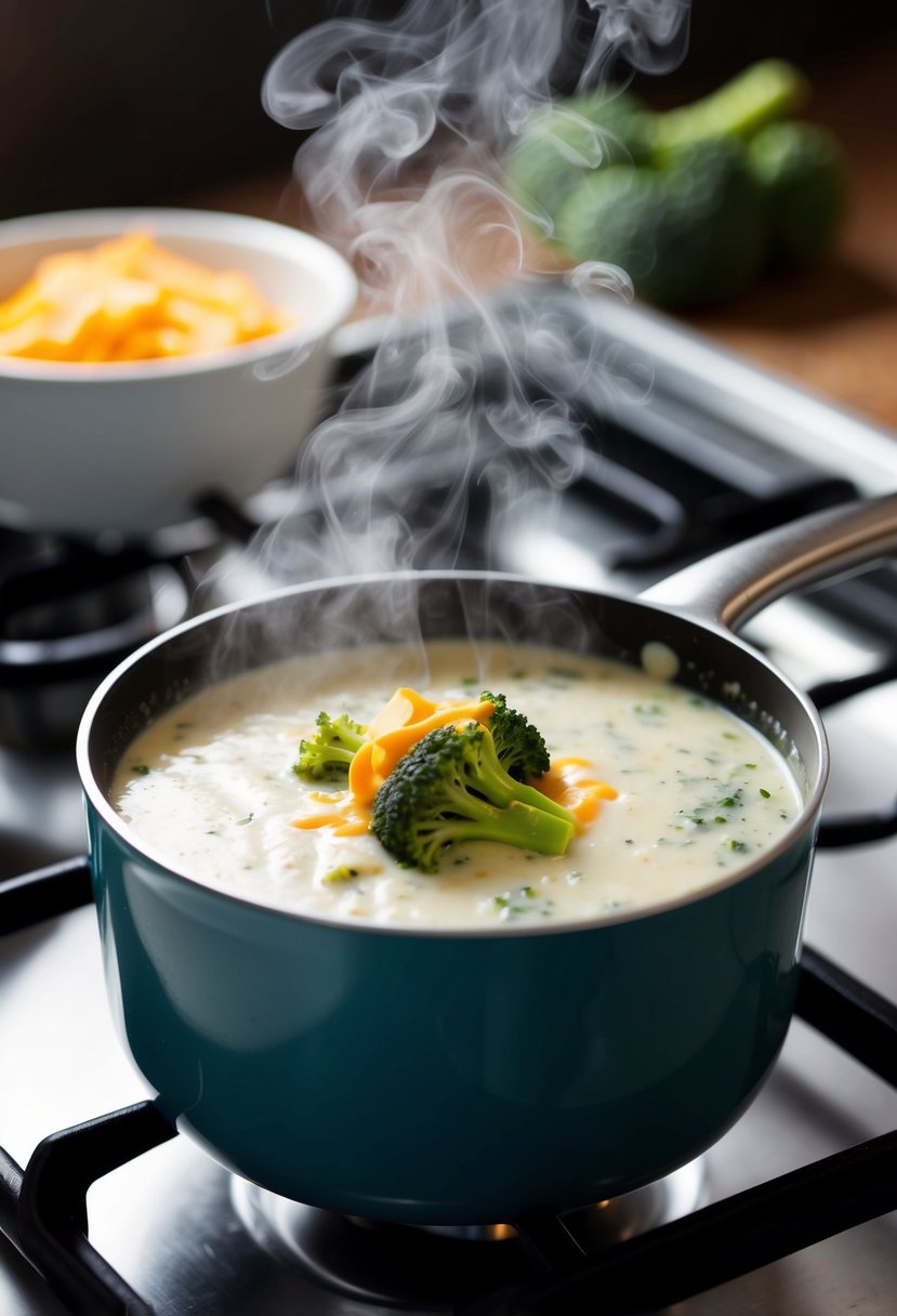 A pot of creamy broccoli-cheese soup simmers on the stove, steam rising and blending with the aroma of savory vegetables and melted cheese