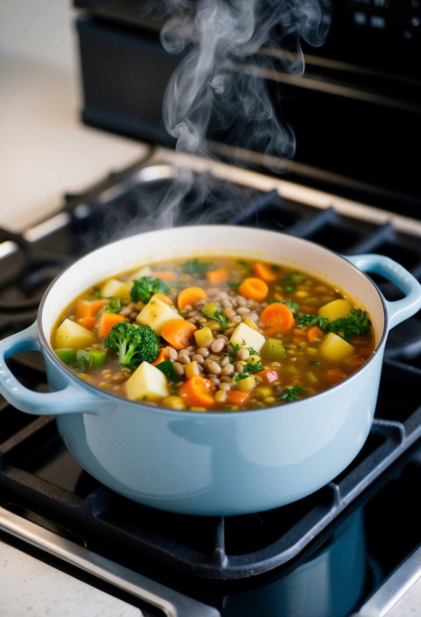 A pot of chunky vegetable and lentil soup simmers on a stove, steam rising as colorful veggies and lentils mix together