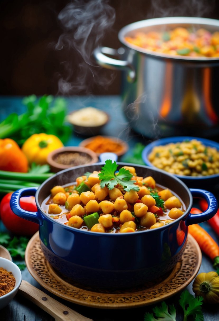 A steaming pot of Moroccan chickpea stew surrounded by colorful vegetables and fragrant spices