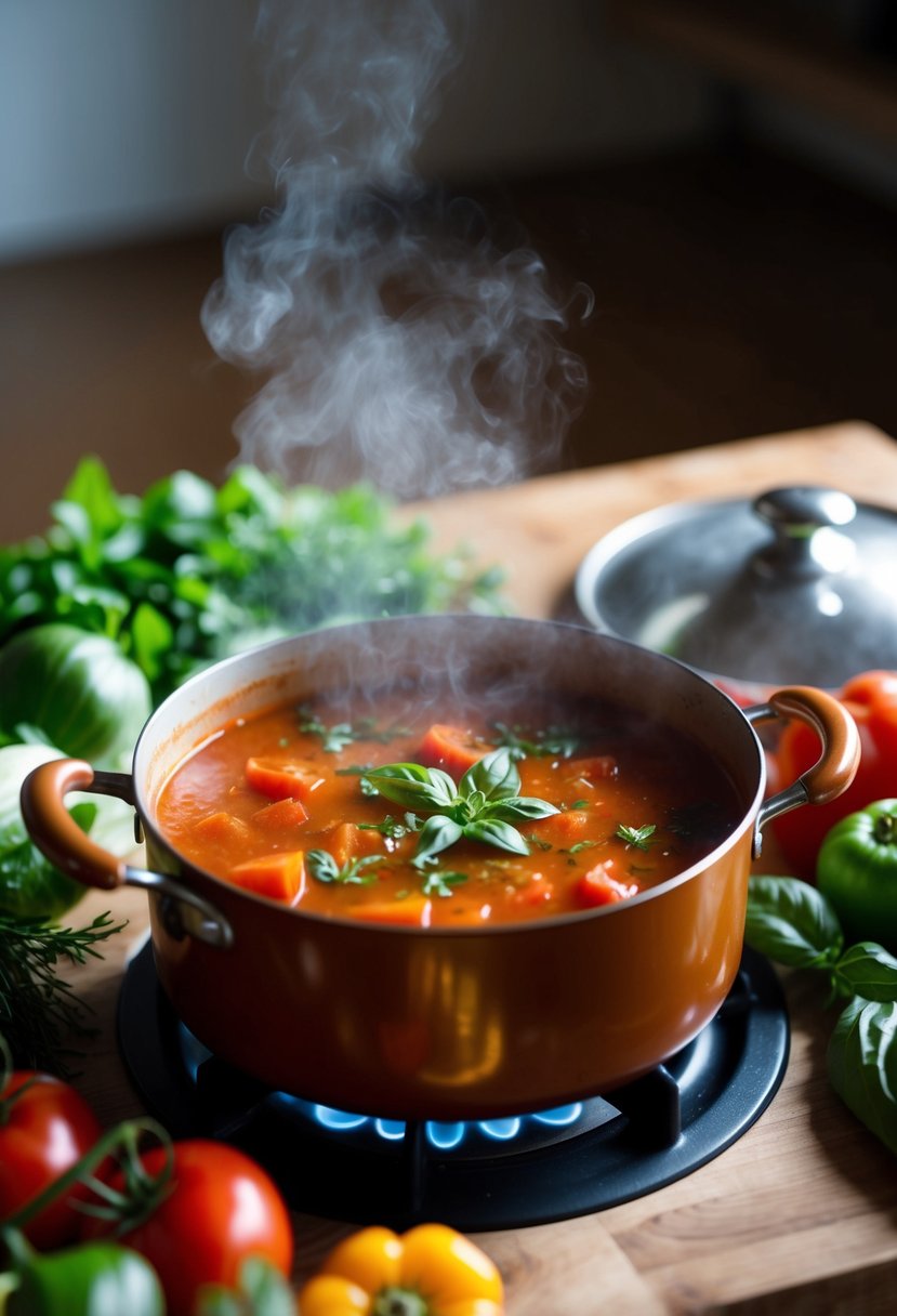 A steaming pot of rustic tomato and basil soup simmers on a wooden stove, surrounded by fresh vegetables and herbs