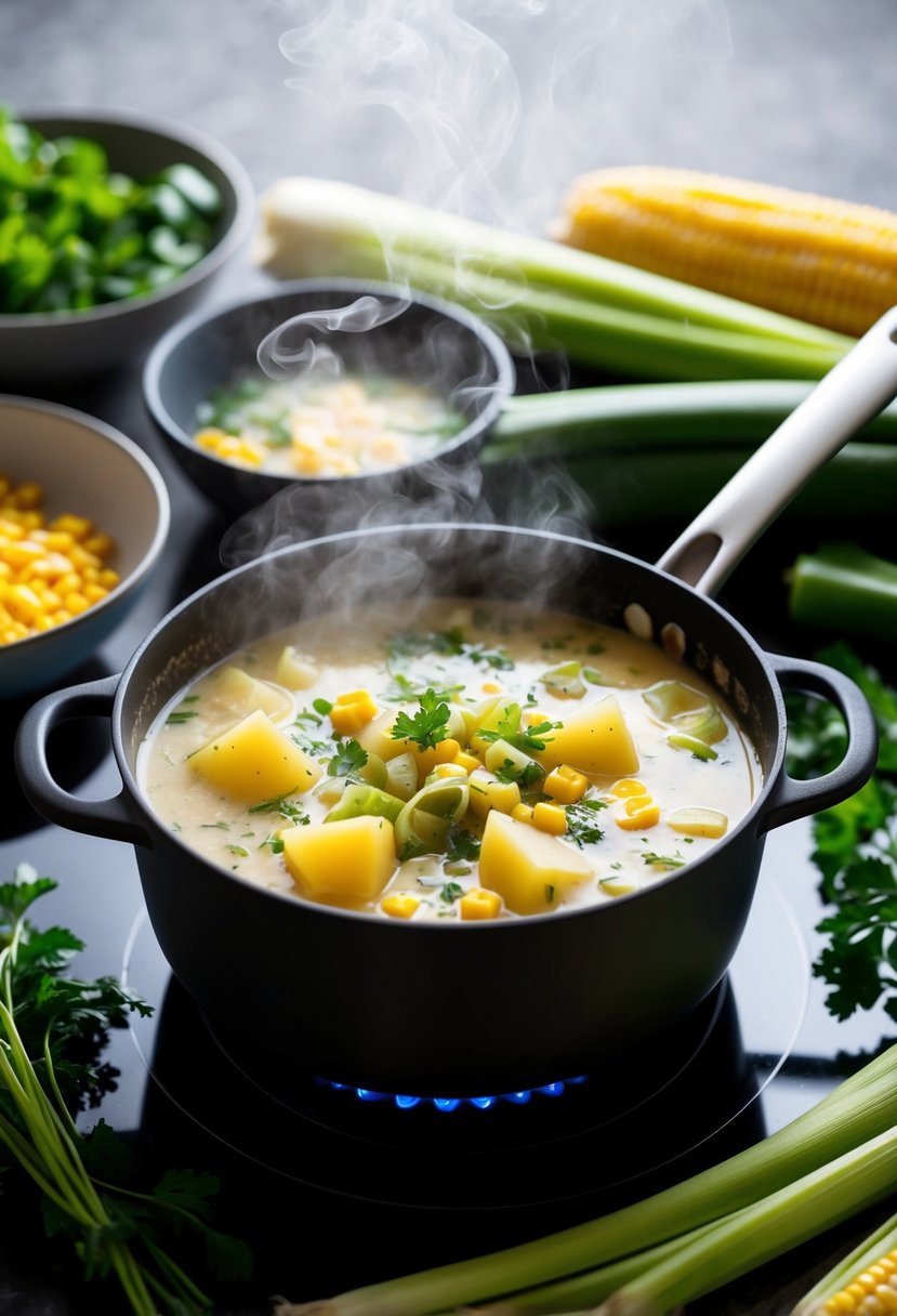 A steaming pot of potato, leek, and corn chowder simmers on the stove, surrounded by fresh vegetables and herbs