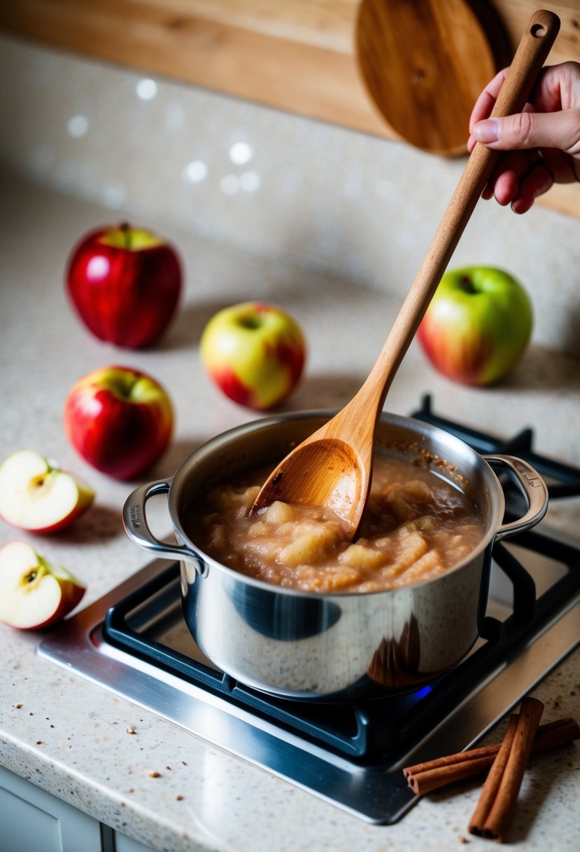 A wooden spoon stirring a pot of applesauce on a stovetop, with apples and cinnamon sticks scattered on the countertop