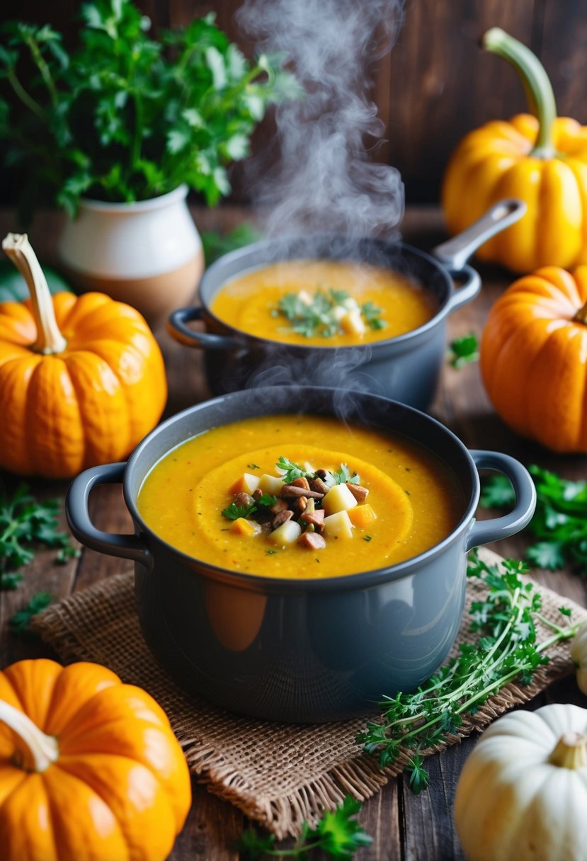 A steaming pot of hearty autumn squash soup surrounded by fresh vegetables and herbs