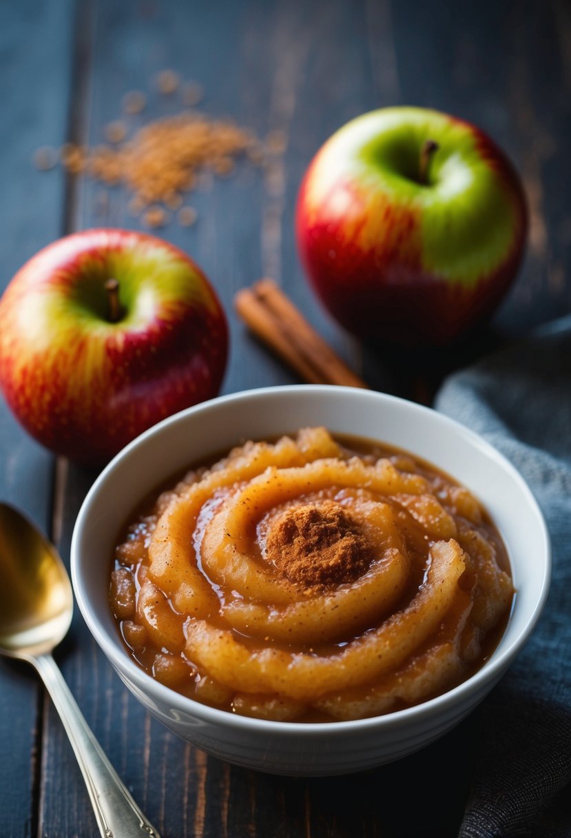 A bowl of warm cinnamon applesauce with a spoon beside it. A sprinkle of cinnamon on top. A classic recipe