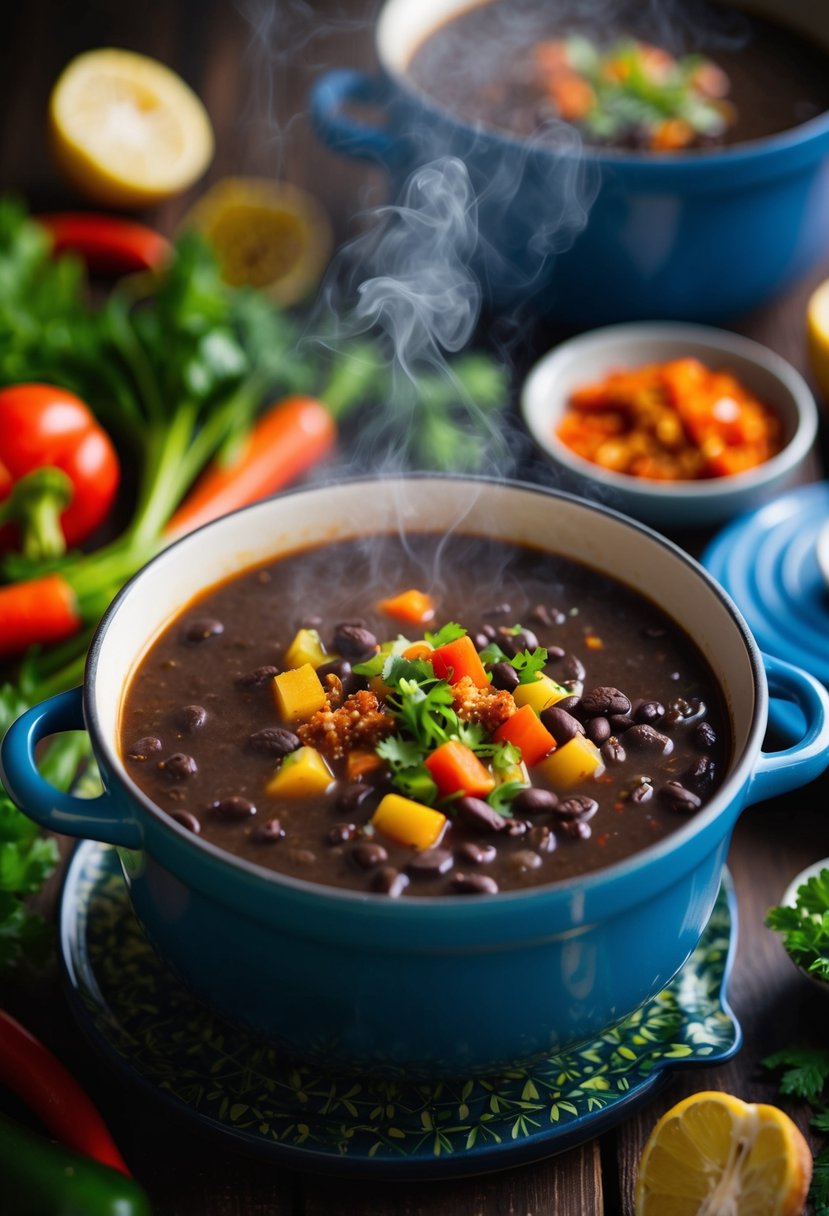 A steaming pot of black bean soup surrounded by vibrant vegetables and zesty spices