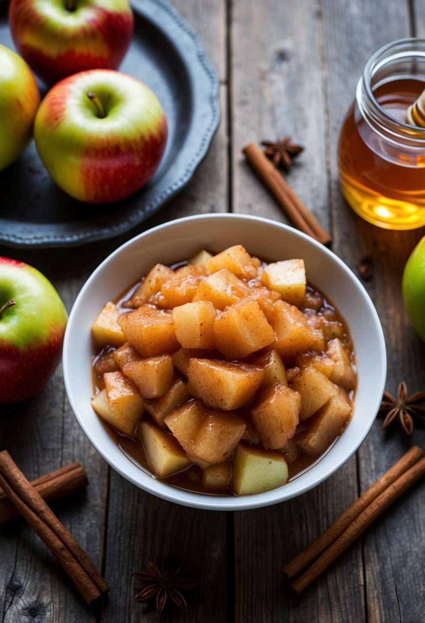 A rustic wooden table with a bowl of chunky spiced applesauce surrounded by fresh apples, cinnamon sticks, and a jar of honey