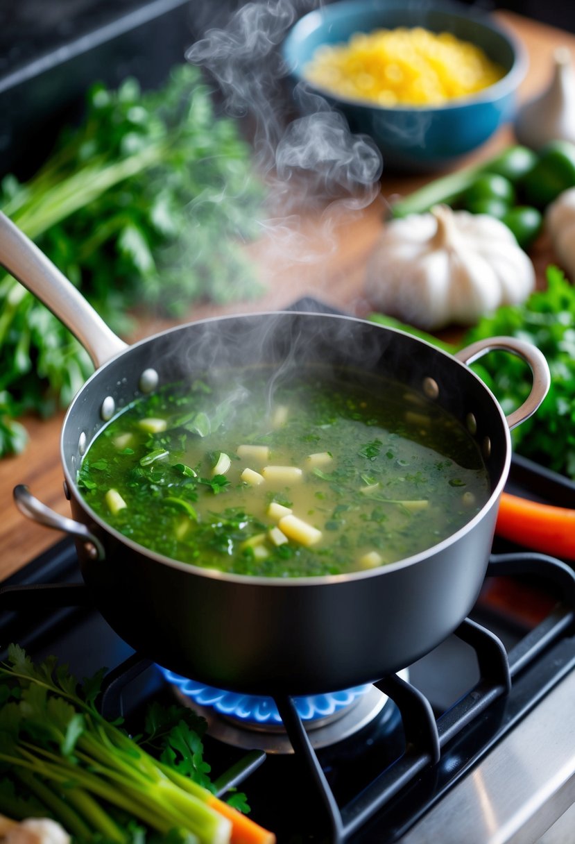 A steaming pot of garlic and herb spinach broth simmers on a stove, surrounded by fresh vegetables and herbs