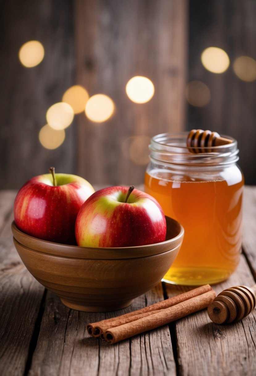 A bowl of apples, a cinnamon stick, and a jar of honey on a wooden table