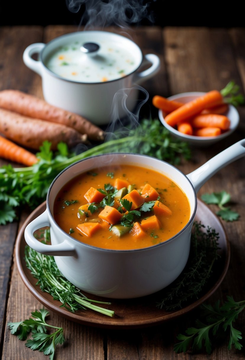 A steaming pot of sweet potato and carrot medley soup surrounded by fresh vegetables and herbs on a rustic wooden table