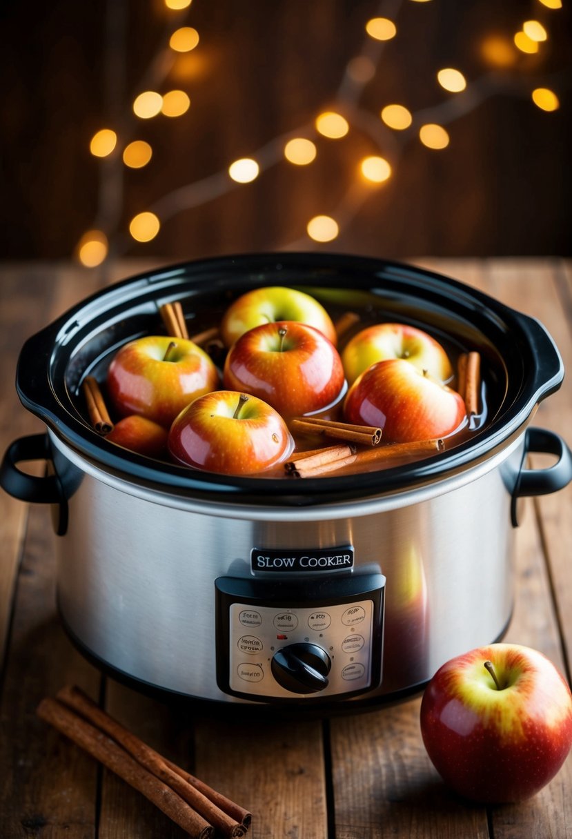 A slow cooker filled with simmering apples and cinnamon sticks