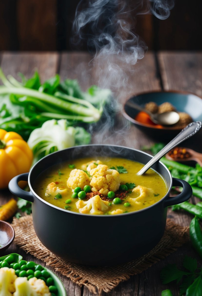 A steaming pot of curried cauliflower and pea soup, surrounded by fresh vegetables and spices on a rustic wooden table