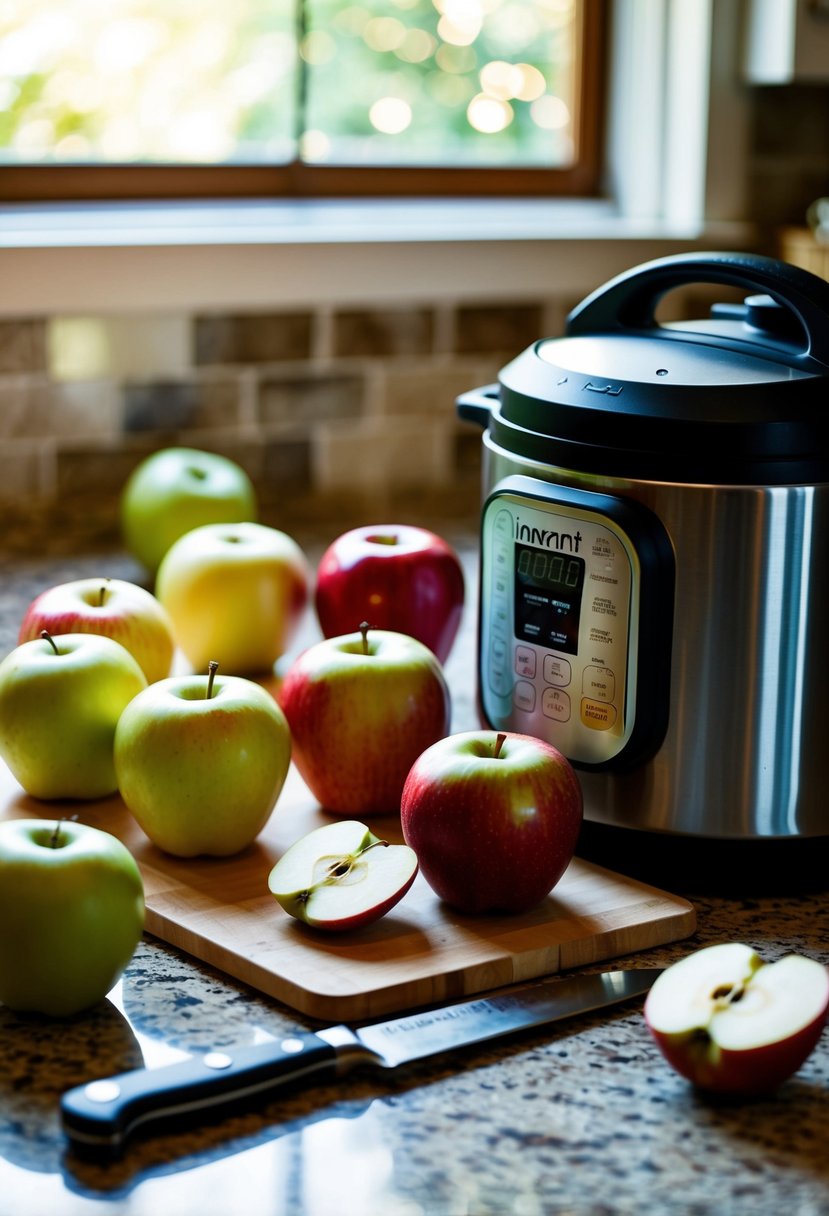 A variety of apples, a knife, a cutting board, and an Instant Pot on a kitchen counter