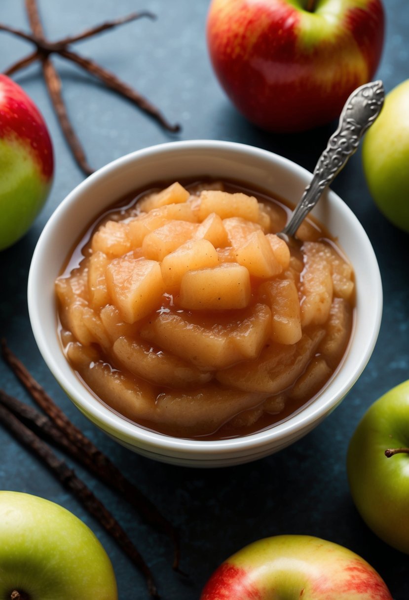 A bowl of homemade vanilla bean applesauce surrounded by fresh apples and vanilla beans