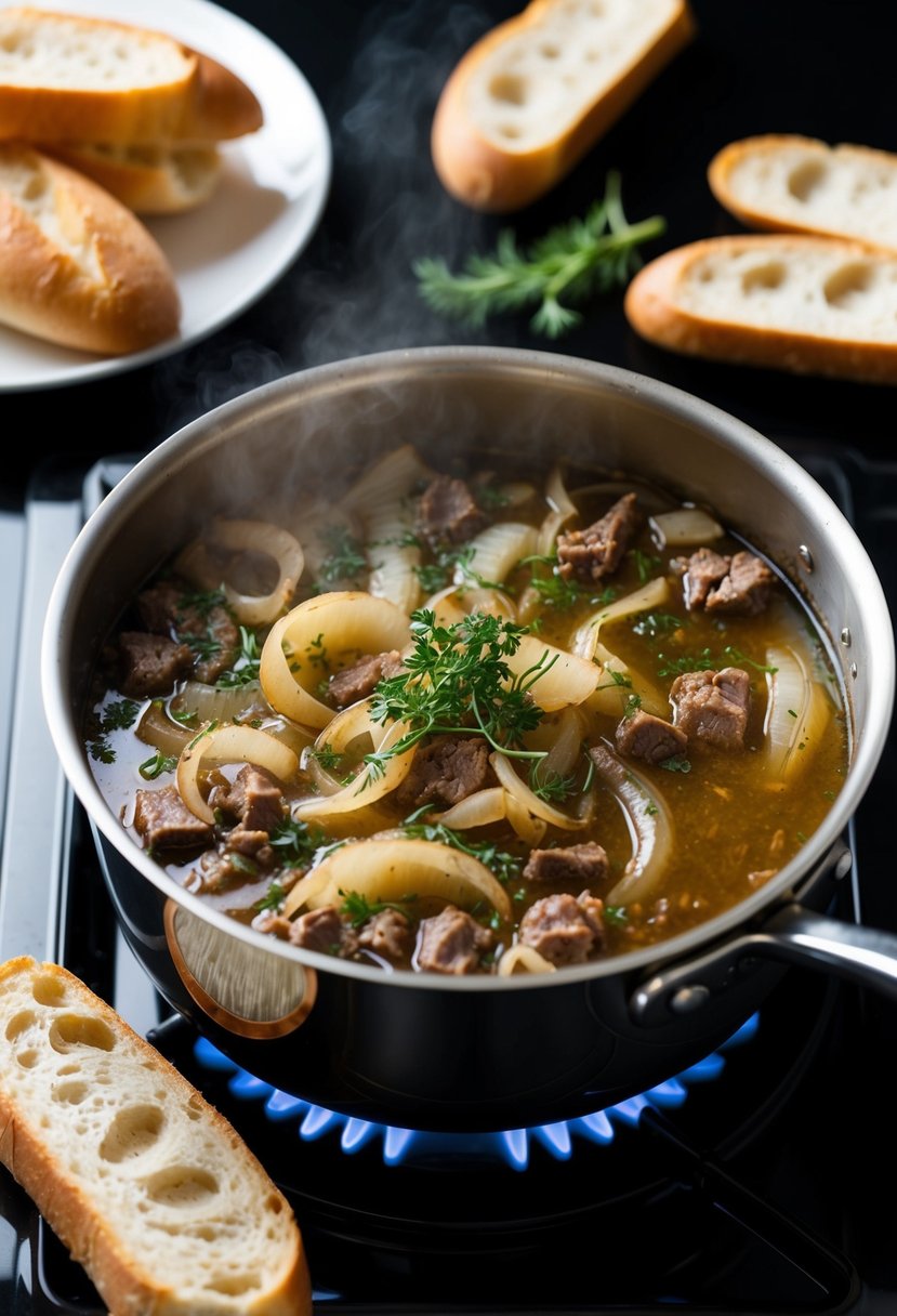 A bubbling pot of caramelized onions, beef broth, and herbs simmers on a stove, surrounded by sliced baguettes and melted gruyere cheese