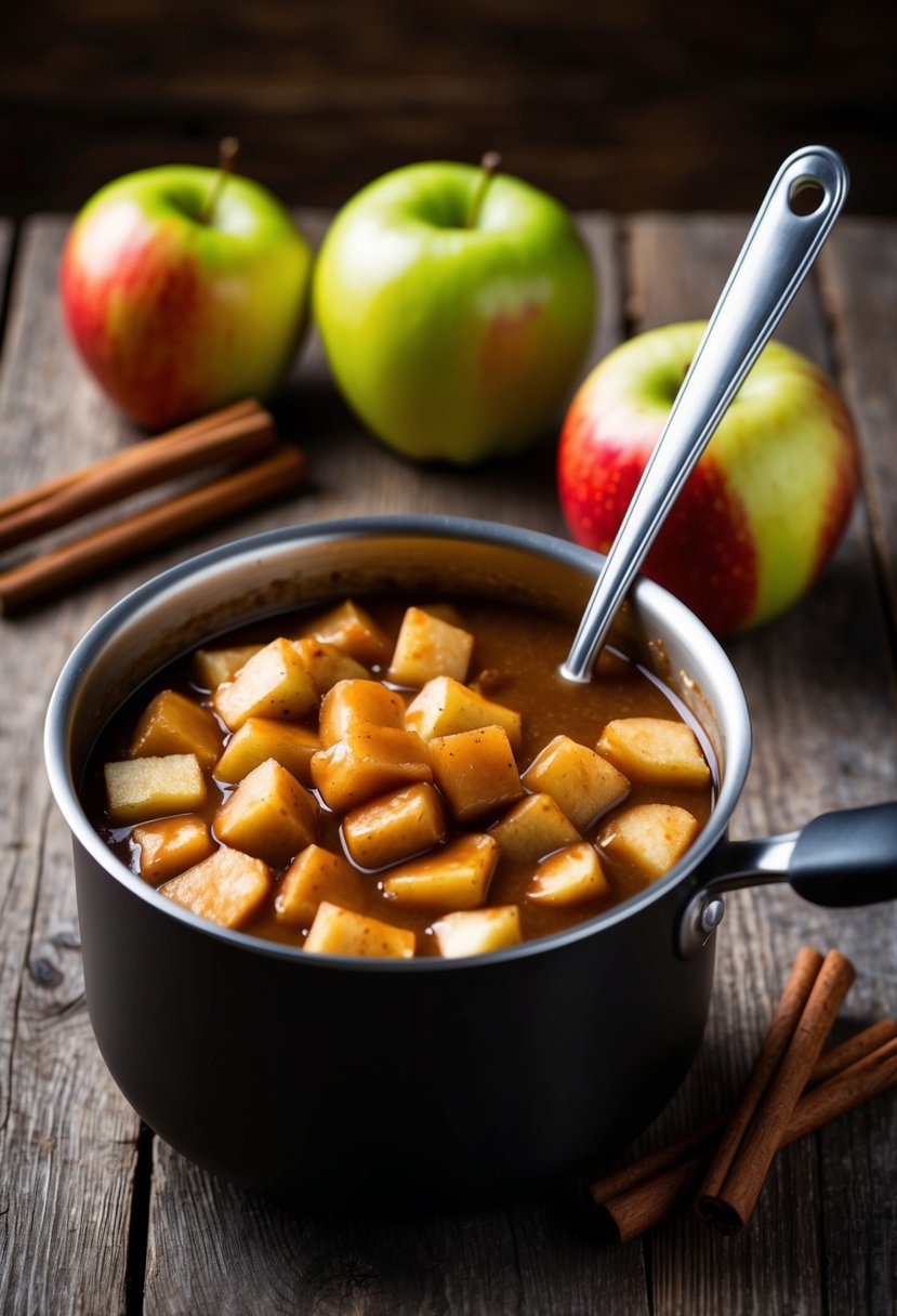 A pot of simmering caramel apple sauce with whole apples and cinnamon sticks on a rustic wooden table