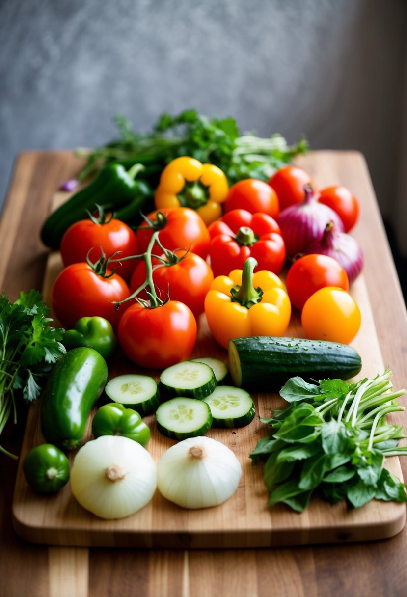 A colorful array of fresh Mediterranean vegetables arranged on a wooden cutting board, including tomatoes, cucumbers, bell peppers, and onions, ready to be chopped for gazpacho soup