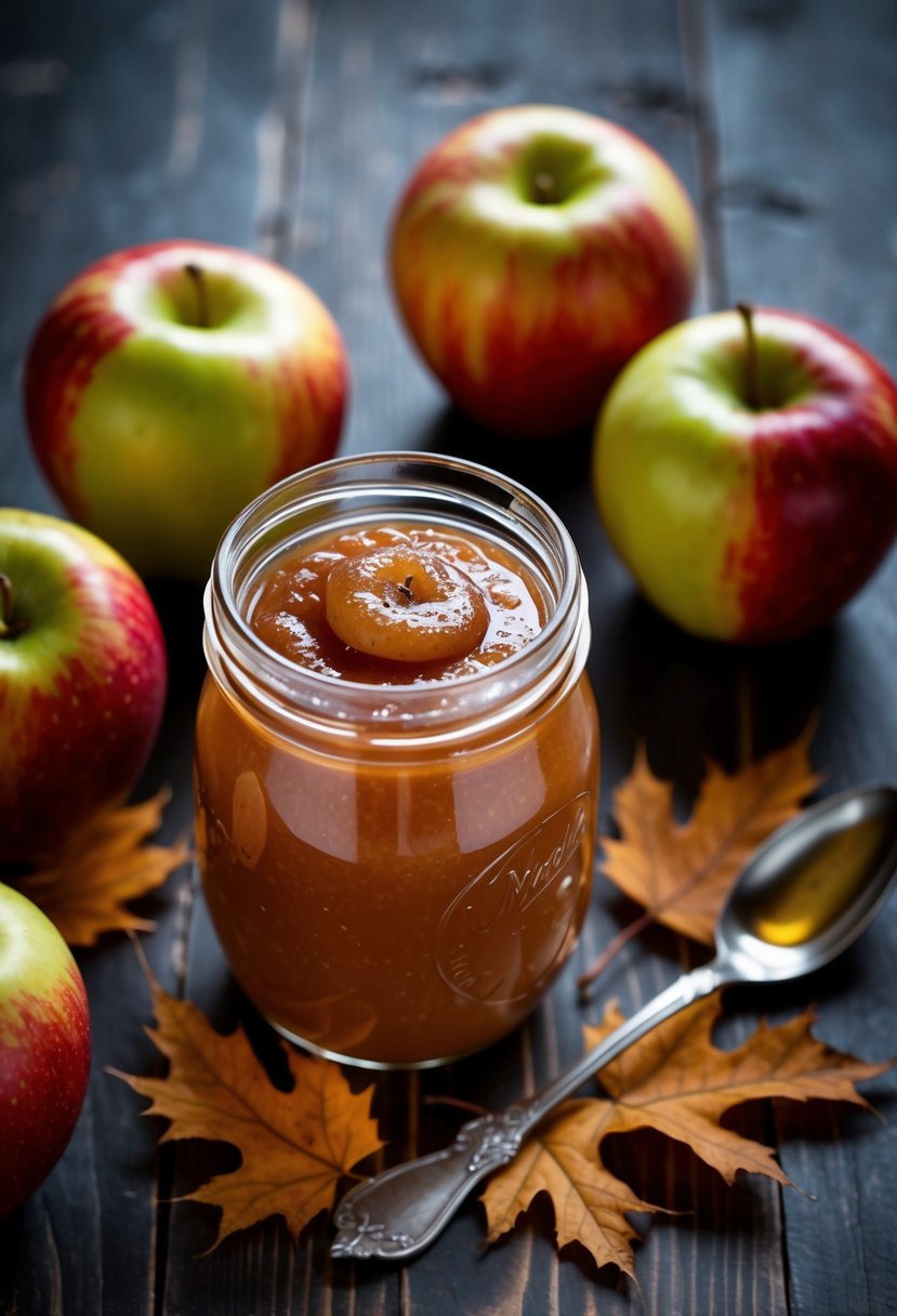 A jar of homemade applesauce with a drizzle of maple syrup, surrounded by fresh apples and maple leaves