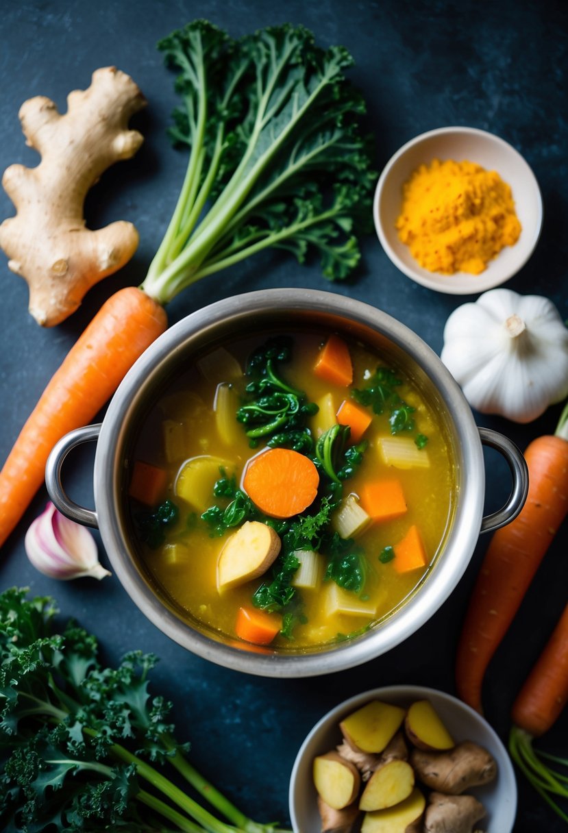 A pot of simmering vegetable soup with vibrant ginger and turmeric, surrounded by fresh ingredients like carrots, kale, and garlic