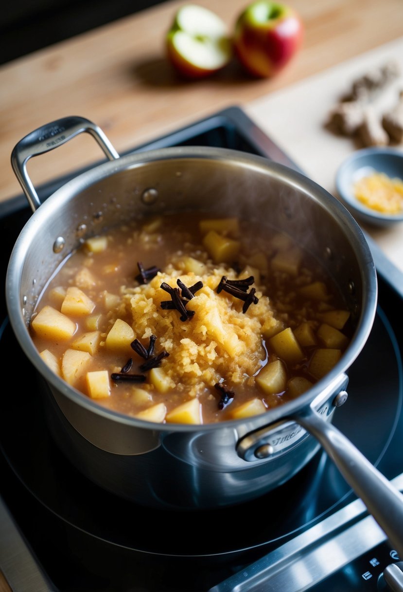 A pot of simmering applesauce with whole cloves and grated ginger on a stovetop