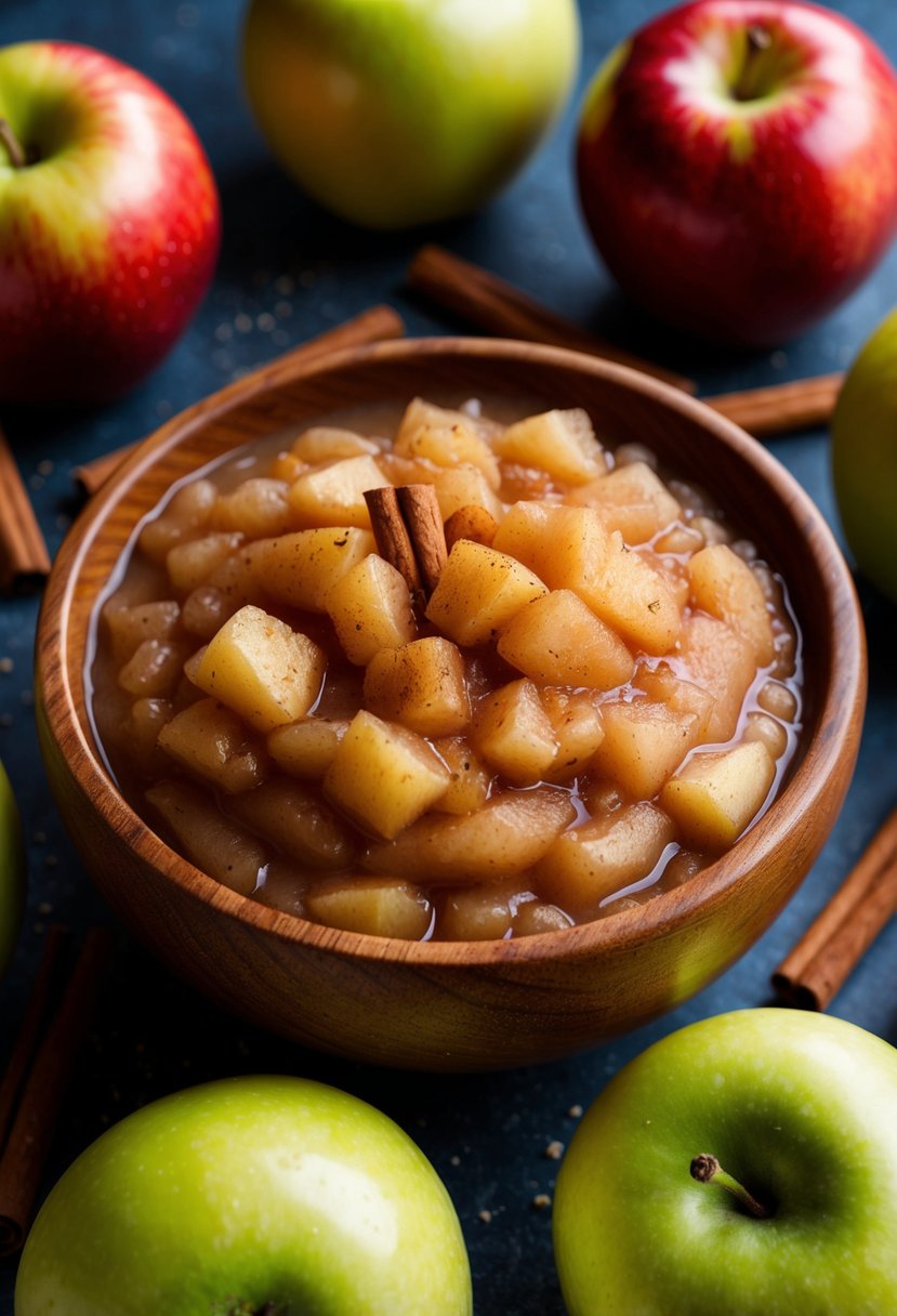 A wooden bowl filled with freshly made applesauce, surrounded by whole apples and a scattering of cinnamon sticks