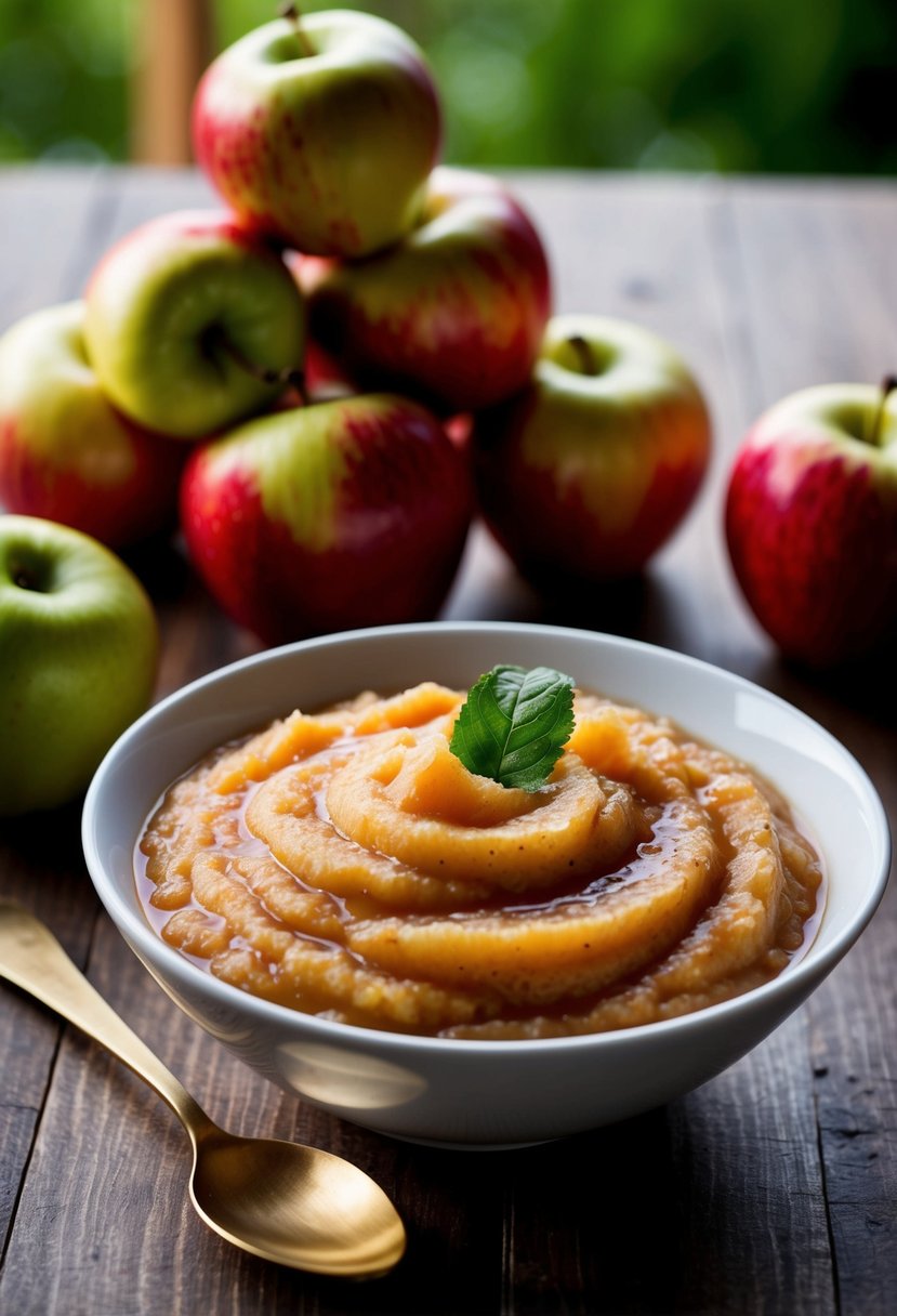 A bowl of freshly made vegan applesauce with a spoon and a pile of ripe apples in the background