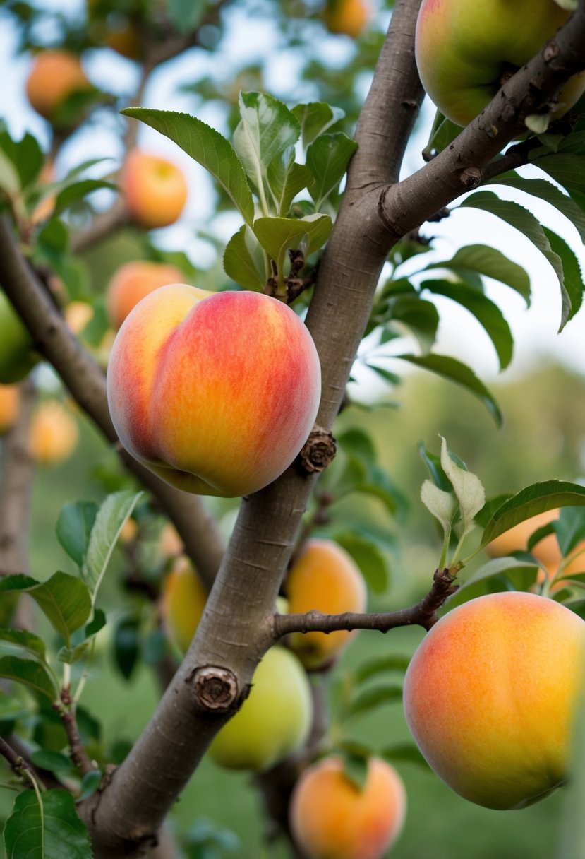 Peach and apple trees intertwine, ripe fruits ready for blending