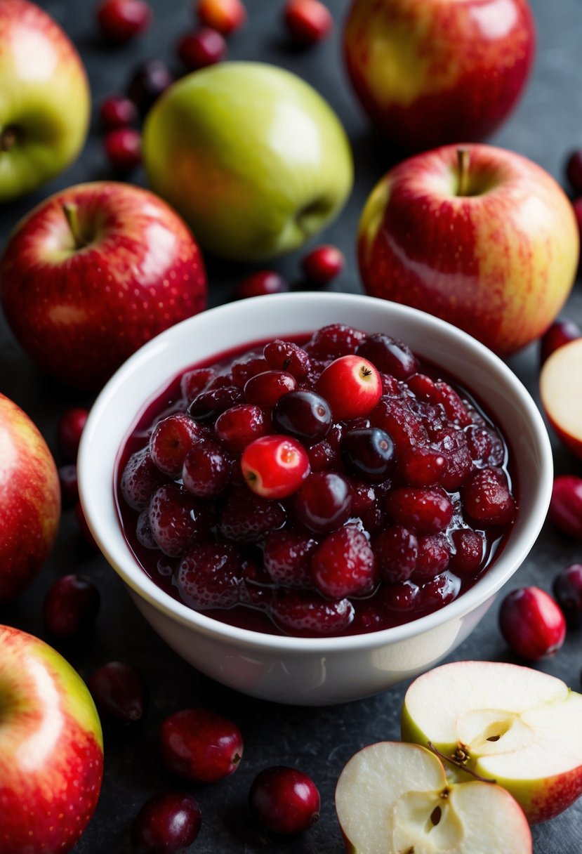 A bowl of cranberry applesauce surrounded by fresh cranberries and apples